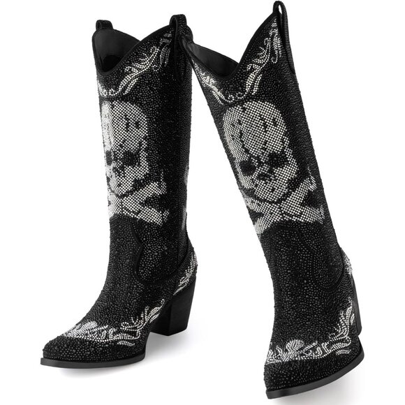 ⚡Women’s Skull Black Rhinestone Cowboy Boots Mid Calf Pointed Toe Block Heel - Picture 1 of 5